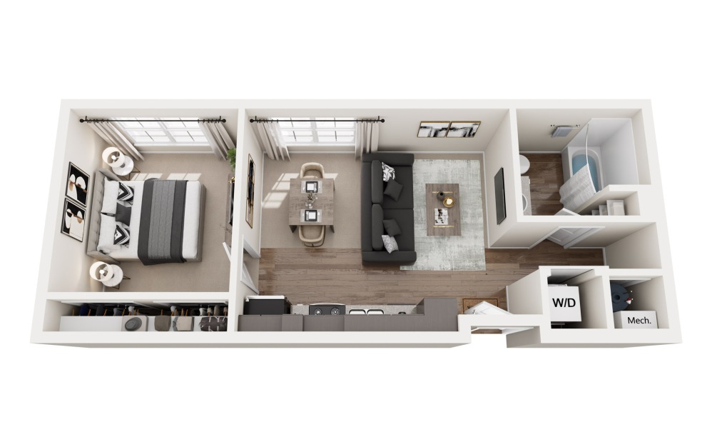 A0 - 1 bedroom floorplan layout with 1 bathroom and 563 square feet