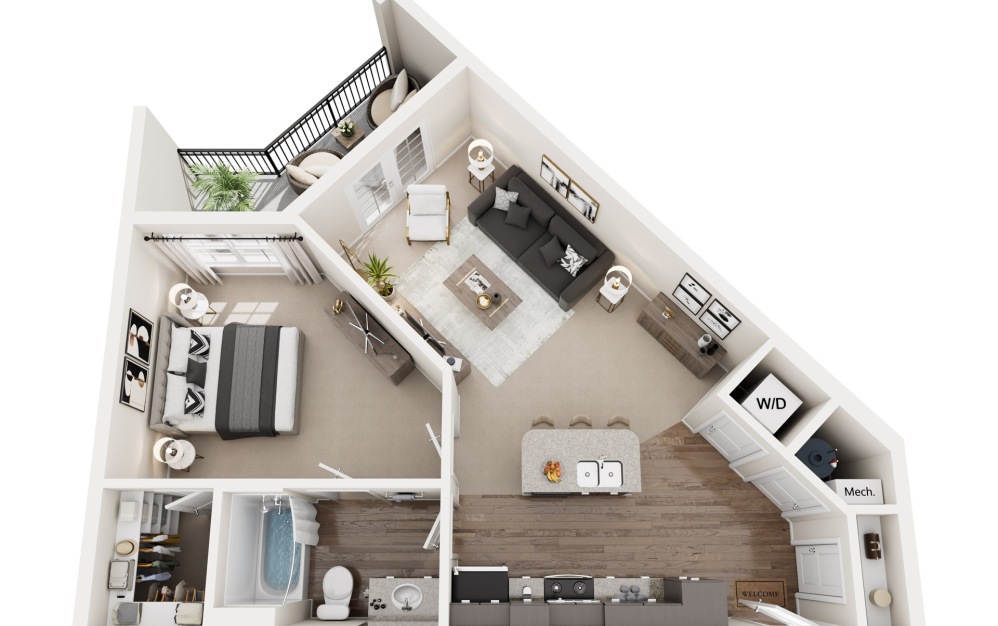 A2 - 1 bedroom floorplan layout with 1 bathroom and 744 square feet