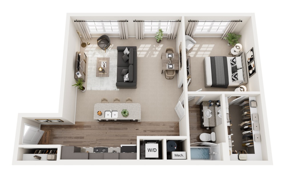 A3 - 1 bedroom floorplan layout with 1 bathroom and 899 square feet