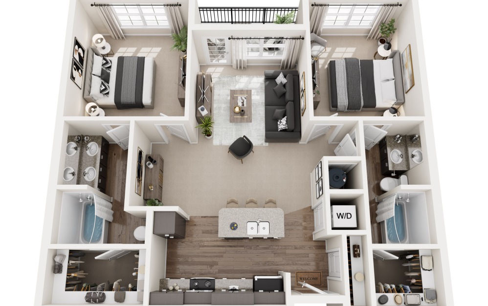 B1 - 2 bedroom floorplan layout with 2 bathrooms and 1106 square feet