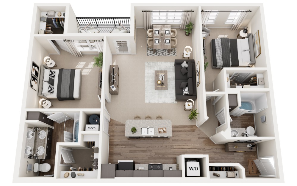 B2 - 2 bedroom floorplan layout with 2 bathrooms and 1239 square feet