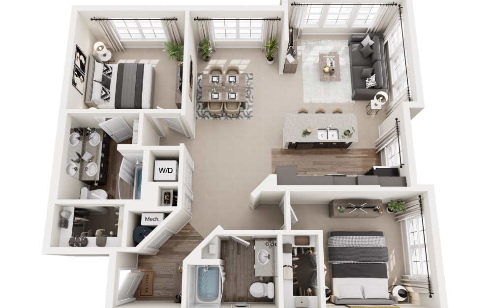 B3 - 2 bedroom floorplan layout with 2 bathrooms and 1157 square feet