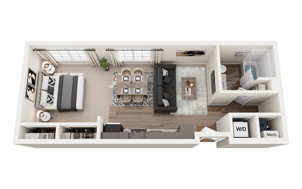 E1 - Studio floorplan layout with 1 bathroom and 563 square feet