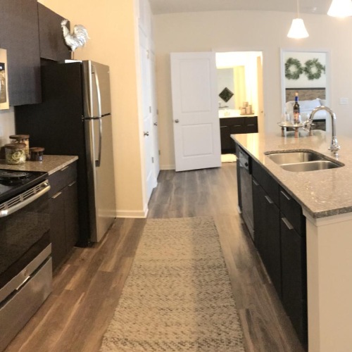 a kitchen and living area